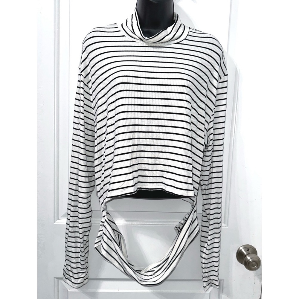 White Birch White Striped Turtleneck Criss Cross waist long sleeve top